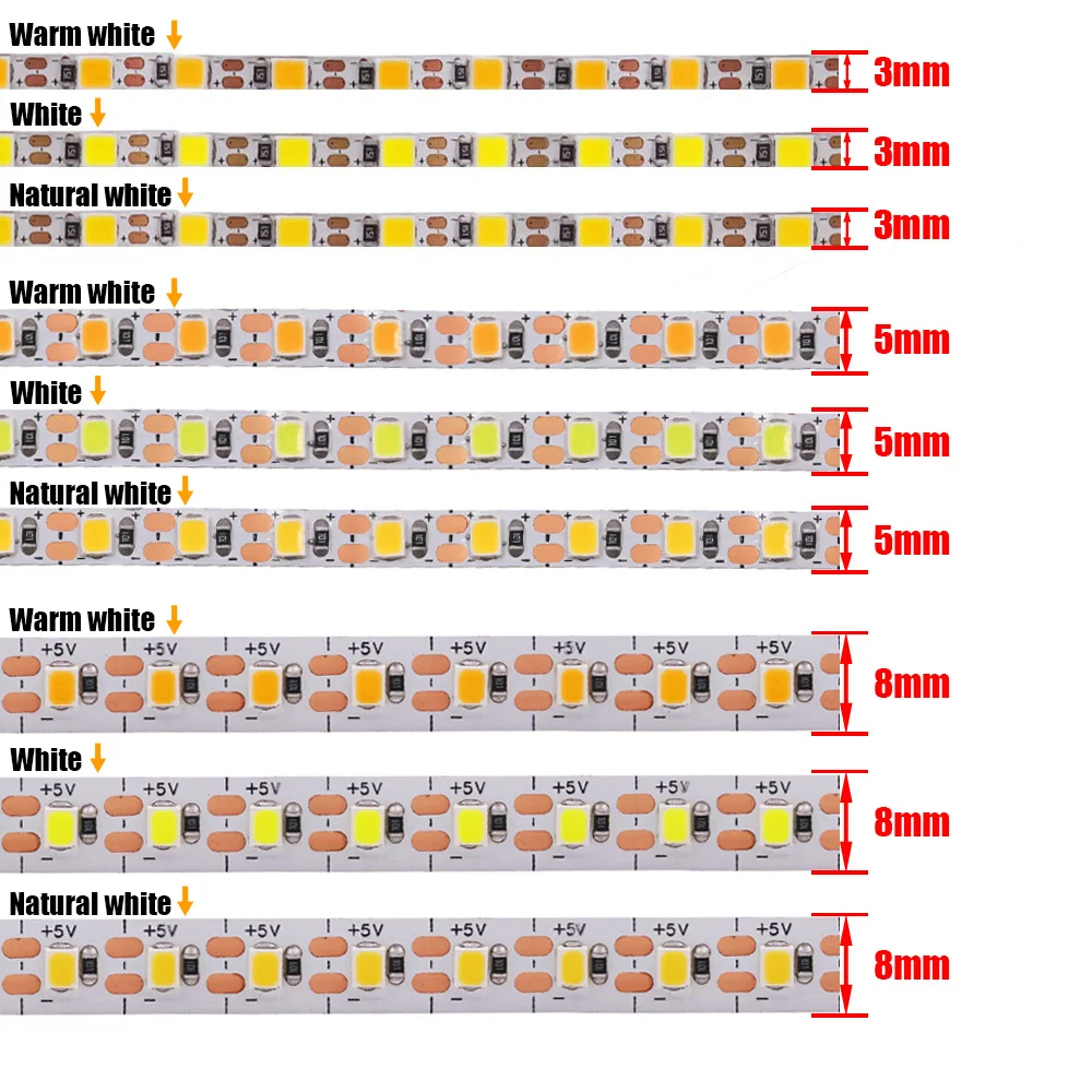 3mm 5mm PCB LED Strip Light 5V 2835 1 LED Cut Ultra Fino 120LEDs/m 8mm Fita Flexível DC IP21 Não À Prova D 'Água Branco Natural Quente