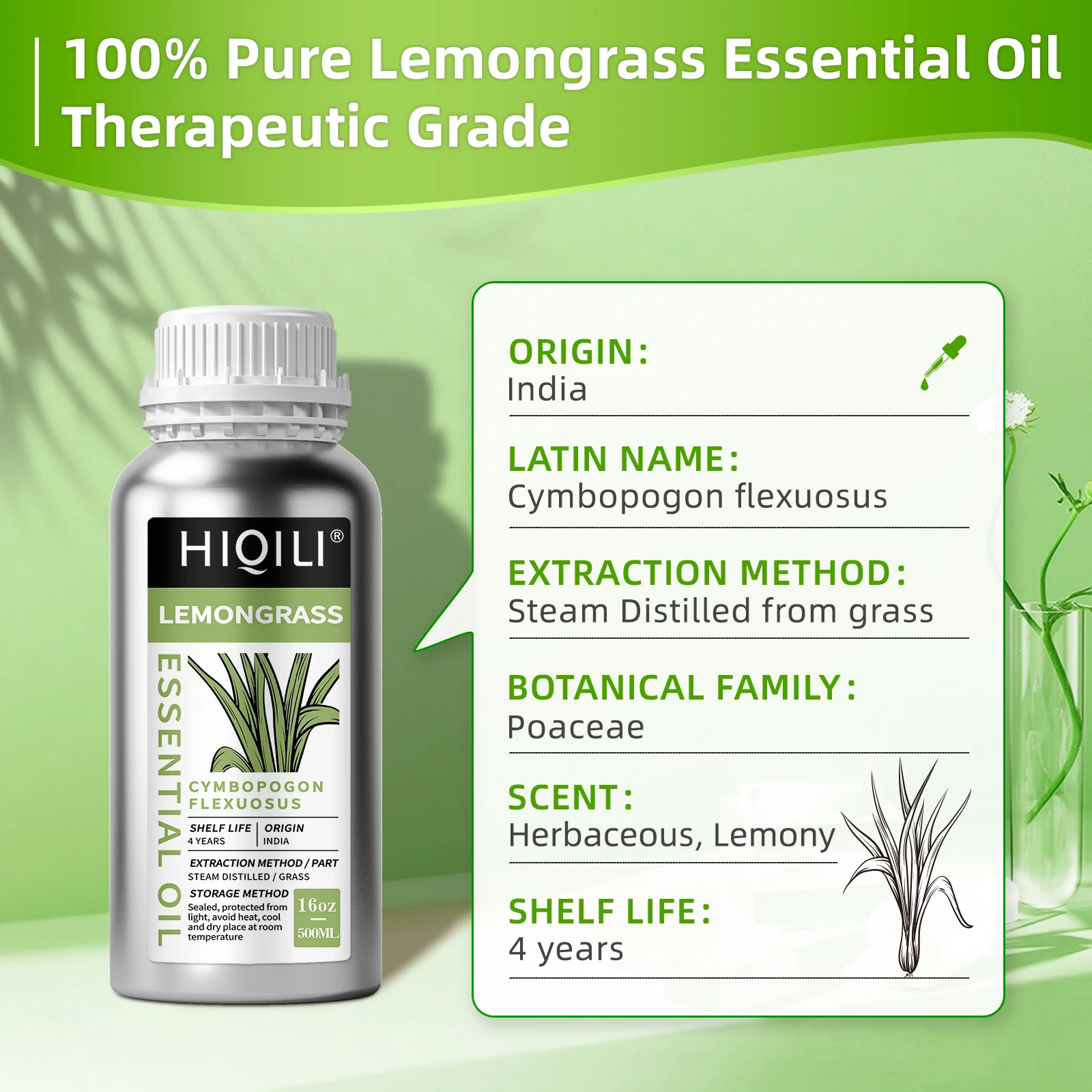 HIQILI 500ML Lemongrass Essential Oils,100% Pure Nature for Aromatherapy | for Diffuser,Humidifier,Massage | Mosquito Repellent