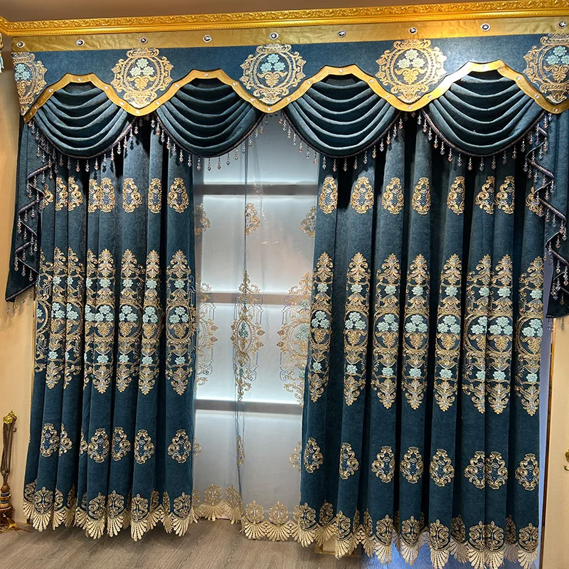 Custom European living room classic villa Chenille embroidery bedroom blue cloth blackout curtain tulle valance drape C1636