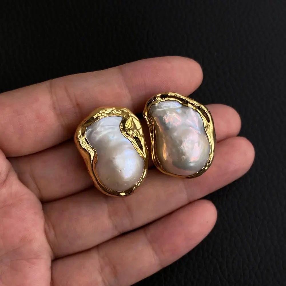 KKGEM 21x28mm Natural Cultured White Keshi Baroque Pearl Gold Plated Stud Earrings