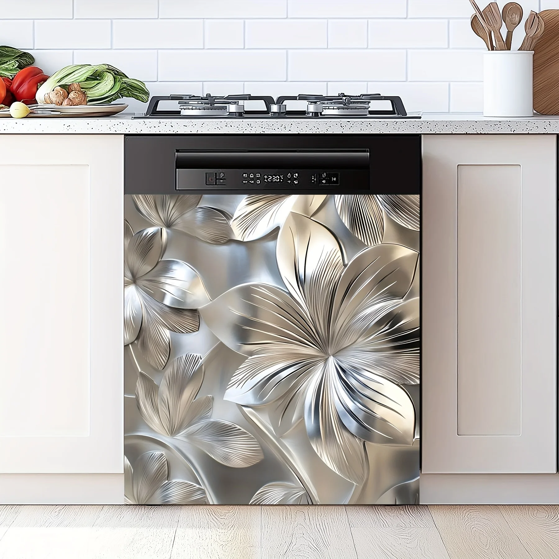 2D Fiat Dishwasher Magnetic Sticker Film, Stainless Steel Brushed Floral Pattern, Kitchen Decor, 23 'X26'