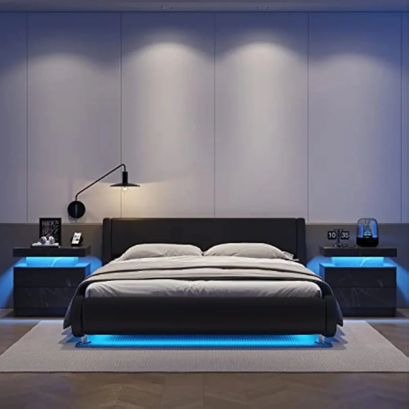 

Modern LED Nightstands Set of 2 with 2 Drawers, Black Marble End Side Tables for Bedroom and Living Room