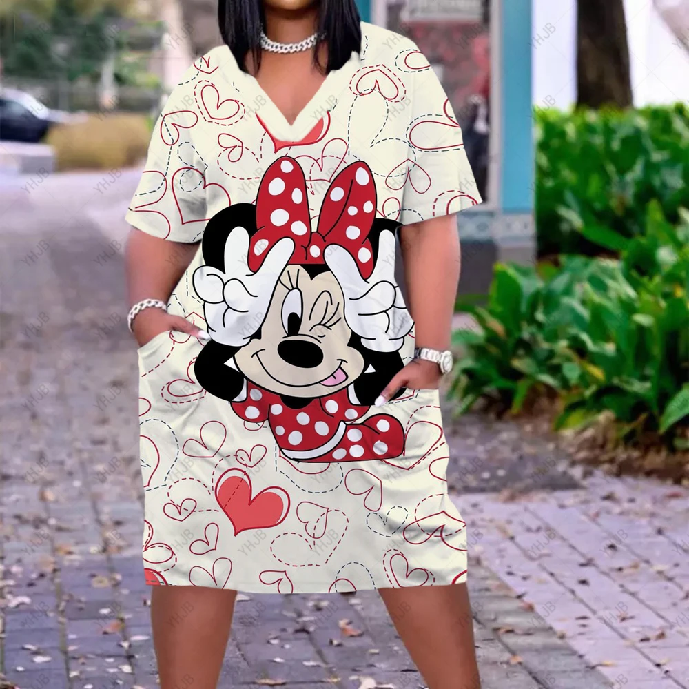 Nieuwe Disney Minnie 3D Print Vrouwen Kleding Mode V-hals Jurken Losse Jurk Knie Meisjes Causale Mode Stijl Vrouwelijke Kleding