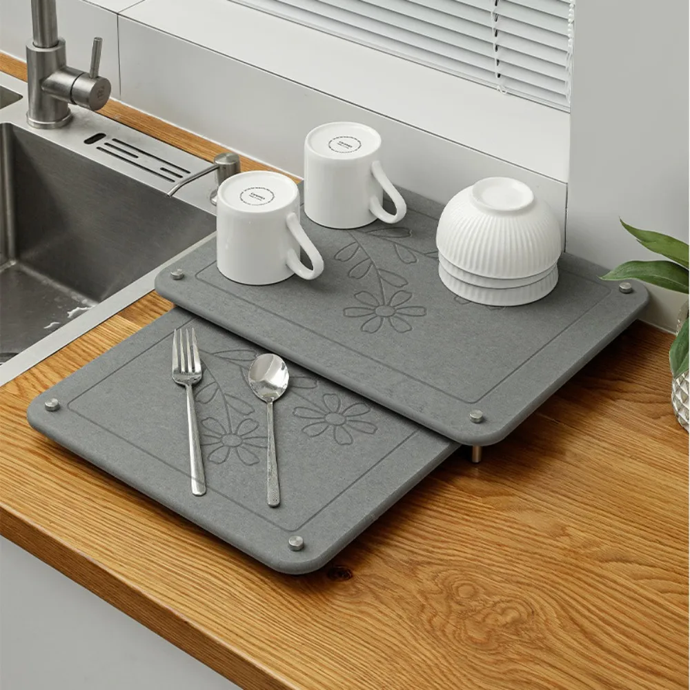 2 Layer Stone Dish Drying Mats for Kitchen Counter Absorbent Quick Drying Diatomaceous Earth Stone Drying Mat with Non-Slip Feet