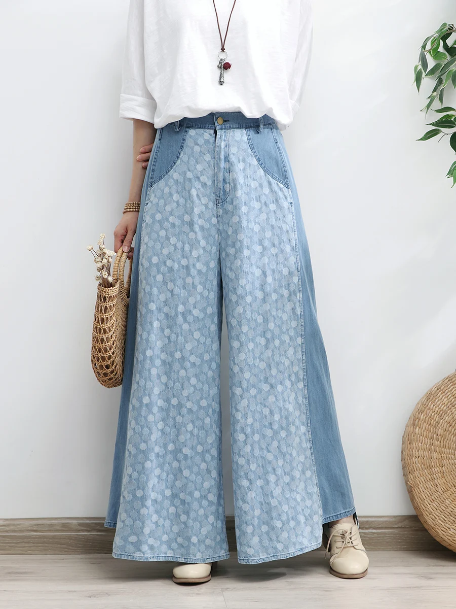 TIYIHAILEY Free Shipping Wide Leg Long Pants For Women Trousers Denim Jeans Elastic Waist Casual Pants With Pockets Print