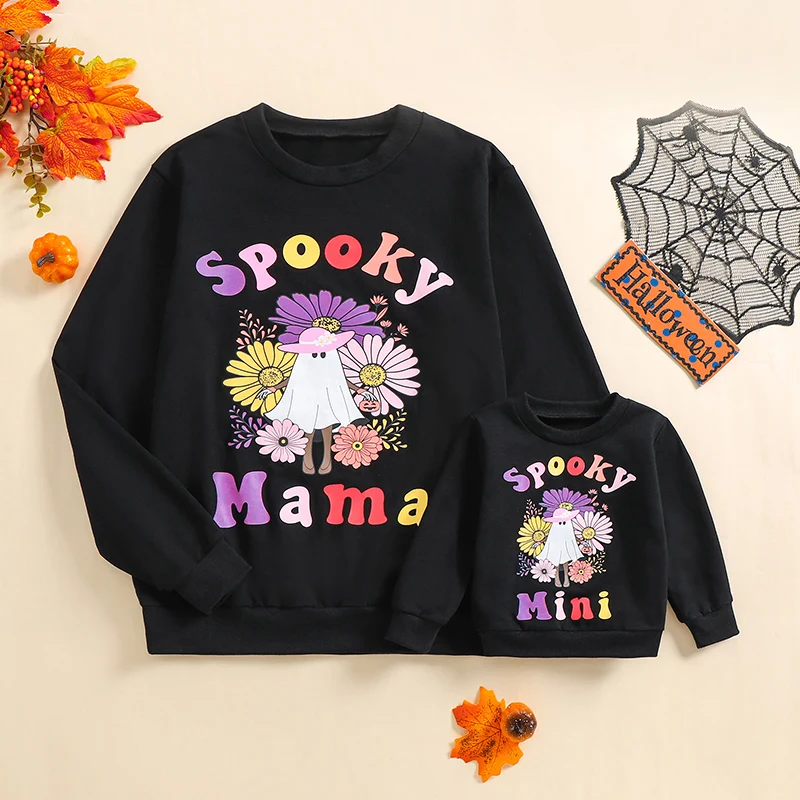 Mommy and Me Halloween Sweatshirt Family Matching Outfit Letter Crewneck Pullover Mom and Baby Fall Clothes