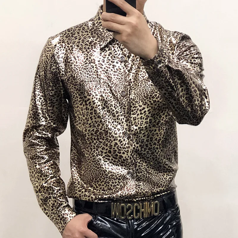 Camisa con estampado de serpiente dorada para hombre, camisa Sexy de Boutique con estampado de leopardo, Cara de alto brillo, ajustada, gran club