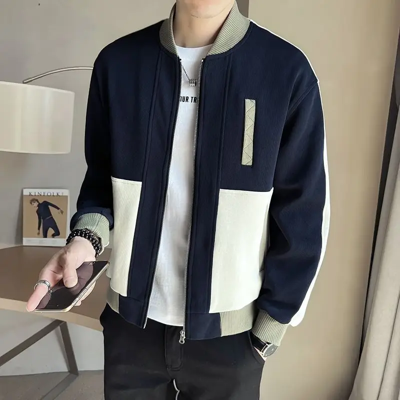 Contrast Color Jacketsmen Autumn Stand Collar Handsome Streetwear Temperament Hong Kong Style Chic Baseball New Fashion Clothes