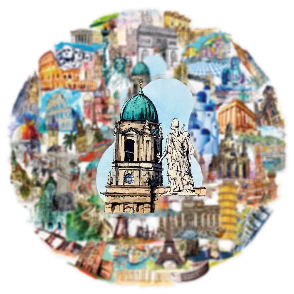 10/30/50 szt. Naklejki z znanych obiektów budowlanych świata, naklejki z krajobrazami miast podróżniczych, naklejki na walizkę, telefon, laptop, przezroczysty zestaw naklejek