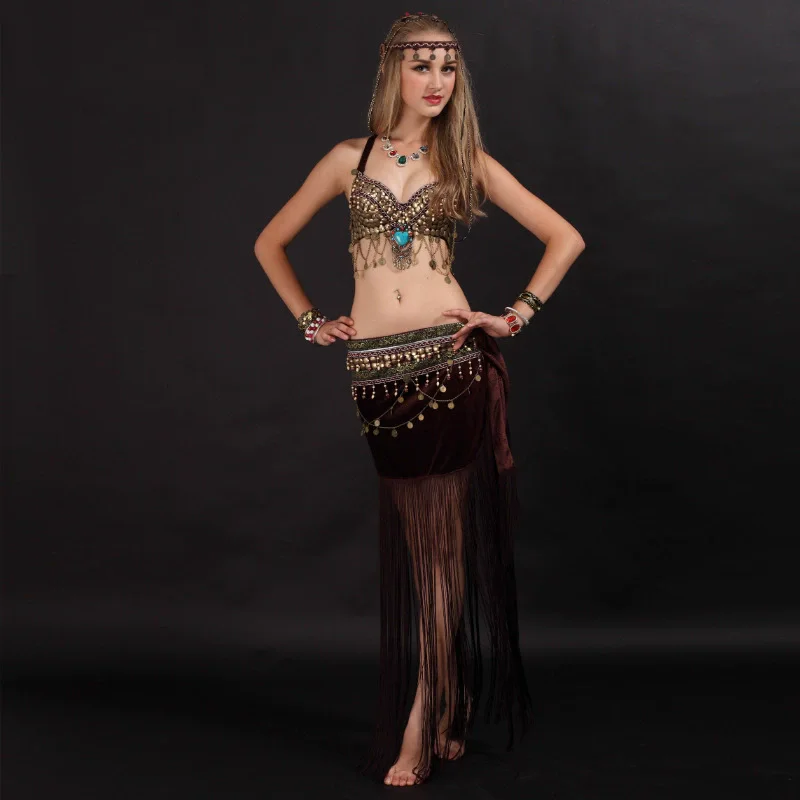 Costume de danse du ventre pour femmes, pièces de monnaie de Style Tribal, vêtements de danse, soutien-gorge fait à la main, ceinture à pampilles, 2 pièces, tenues de danse du ventre