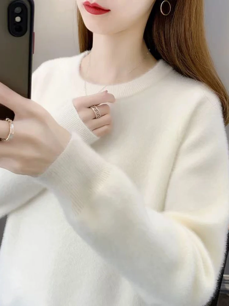 Thiened 라운드 네 민크 스웨터 여성용 오버헤드 니트 이너웨어 가을 겨울 신상 슬레 출퇴근용 루즈핏 롱 스웨터