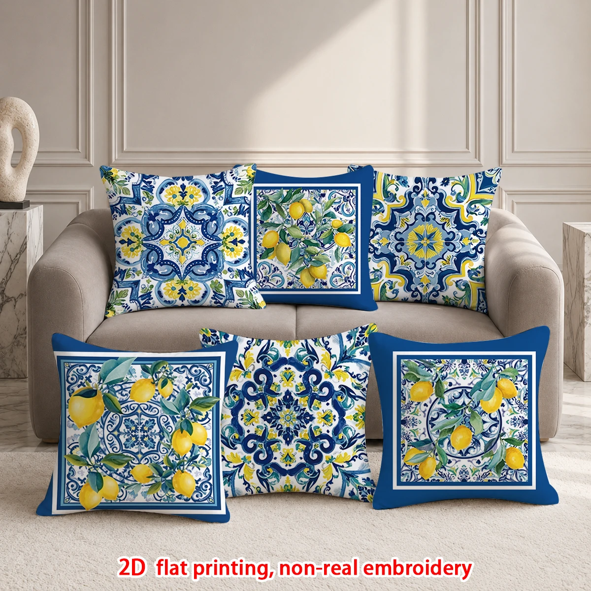 6pcs  Summer Lemon Blue Porcelain Pattern Throw Pillow Covers Set of 6 Coastal Farmhouse Decorative Cushion Cases for Sofa
