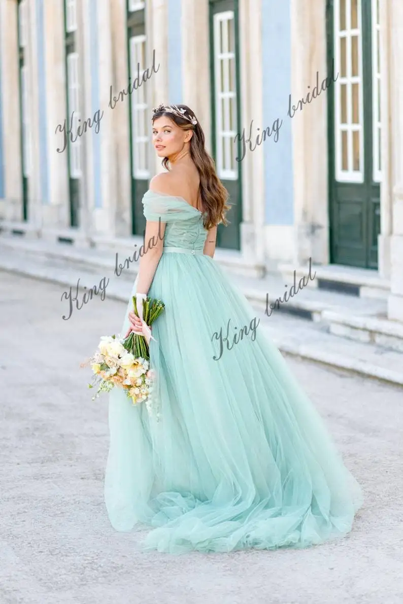 ウェディングドレス オフショルダー ブライダルドレス パステルミント フルチュール ドレープコルセット付きイブニングボールガウン ウェディングドレス バックレス