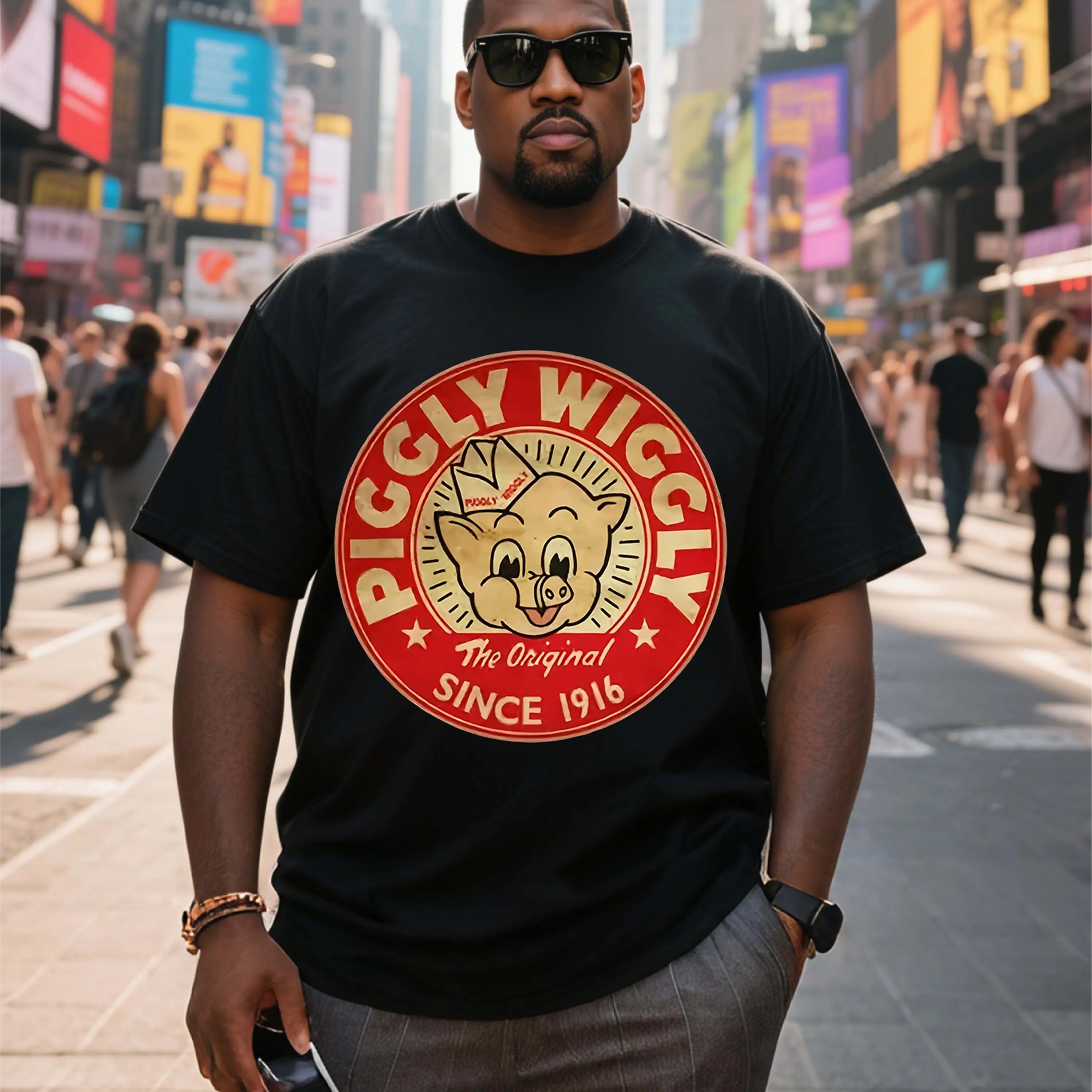 Plus Size Men's Black T-Shirt with Piggly Wiggly Cartoon Pig Graphic Suitable for Outdoor Leisure Wear in Summer