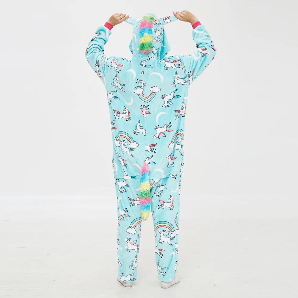 Blue Flying Horse Hooded Flannel One-piece pajamas Cartoon Button Onesie Couple Sleepwear Leisure wear Halloween Cosplay