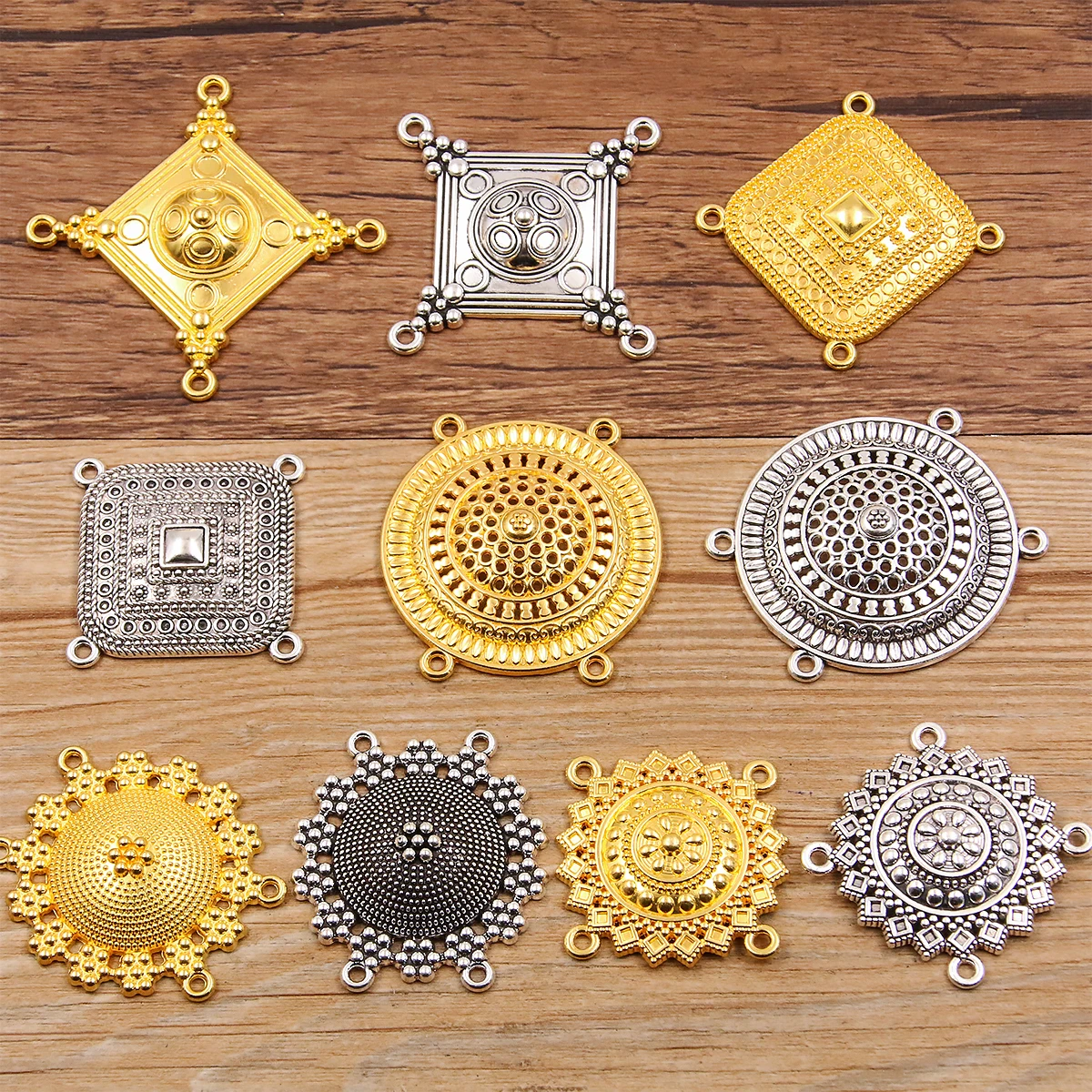 6PCS Mix Size Style Two Color Necklace Charm Women Jewelry Fashion Porous Connector Geometric Circle Square Pendant Necklace