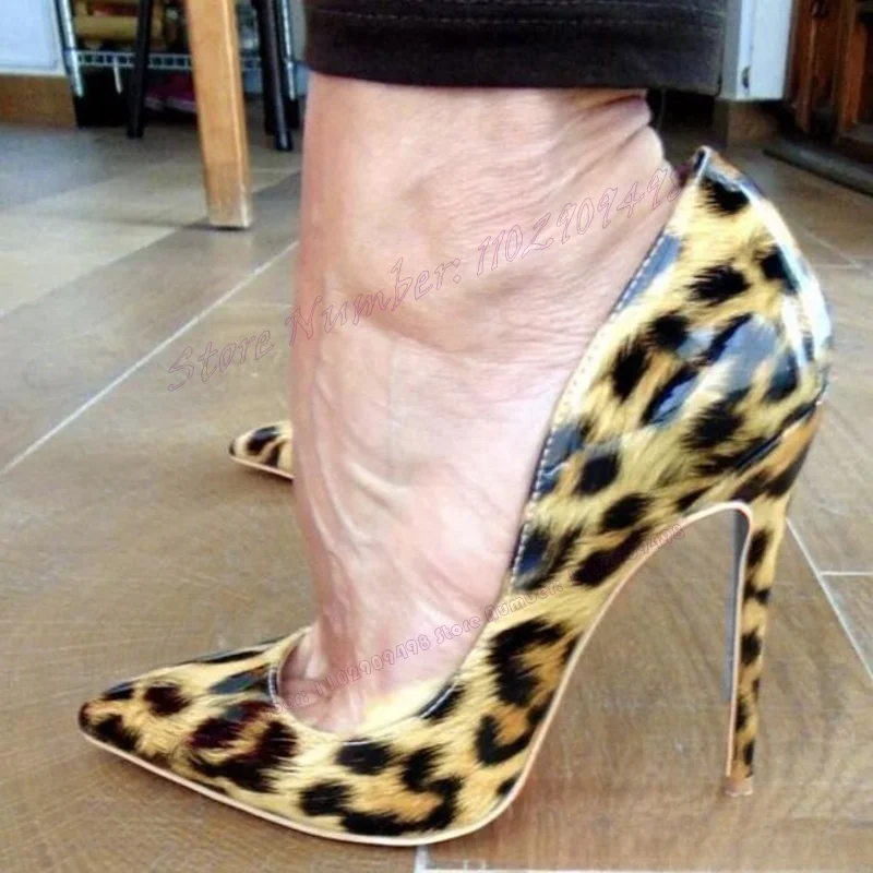 Décolleté con punta a punta poco profonda leopardata scarpe in pelle verniciata per donna tacchi alti sottili scarpe da sera 2023 Zapatos Para Mujere