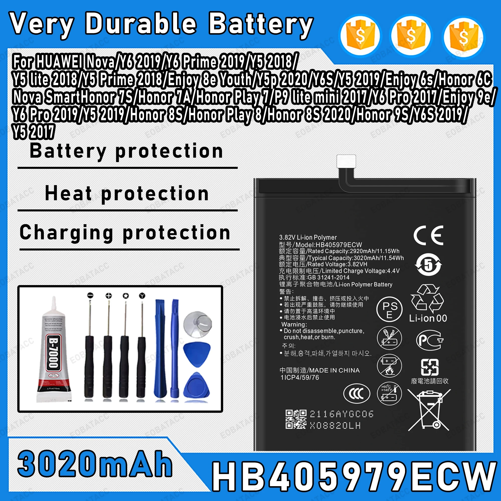 

3020mAh 100% New HB405979ECW Battery For HUAWEl Nova/Y6 2019/N6 Prime 2019/Y5 2018 Replacement Bateria+Free Tools