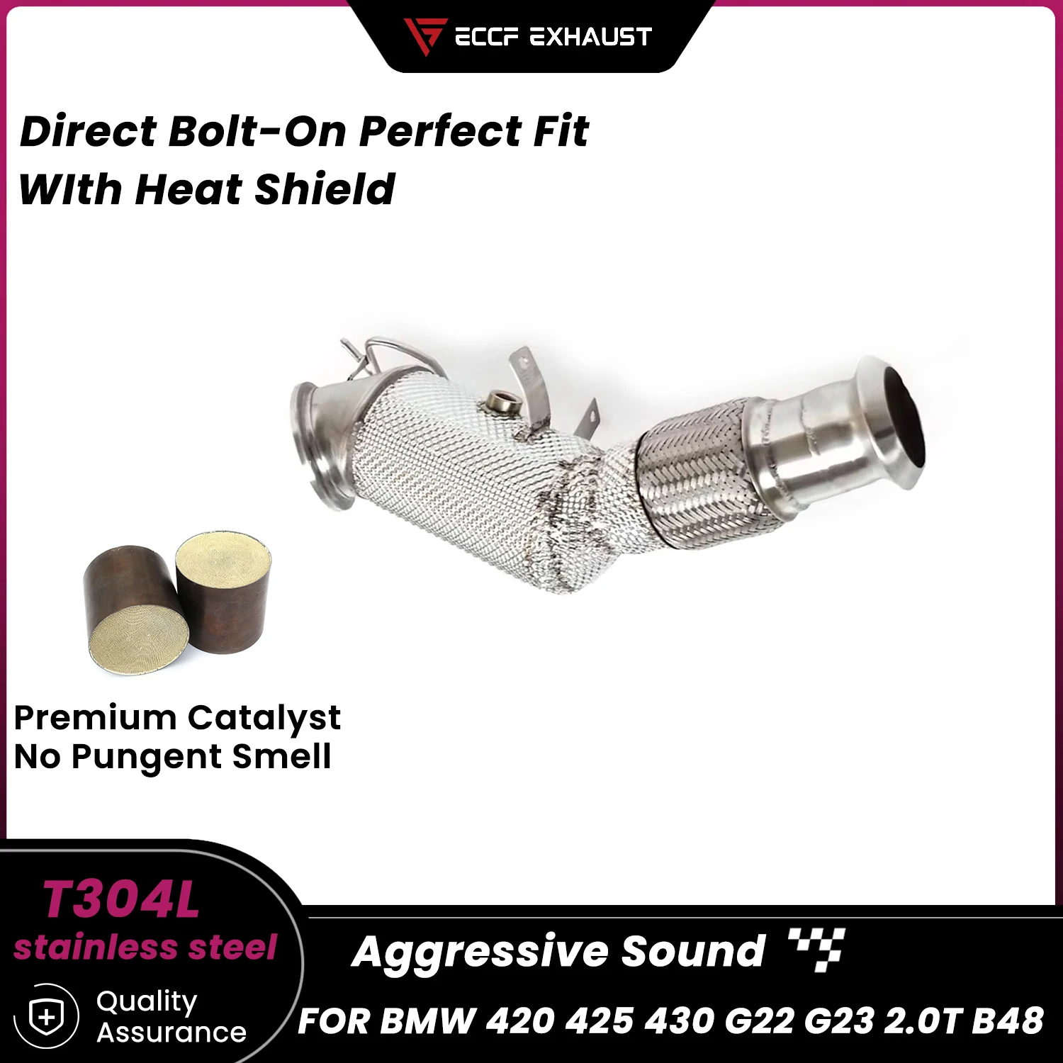 

Sporty Downpipe With Heat Shield For BMW 420 425 430 G22 G23 2.0T B48 Aggressive Exhaust Sound High Flow Easy Installation