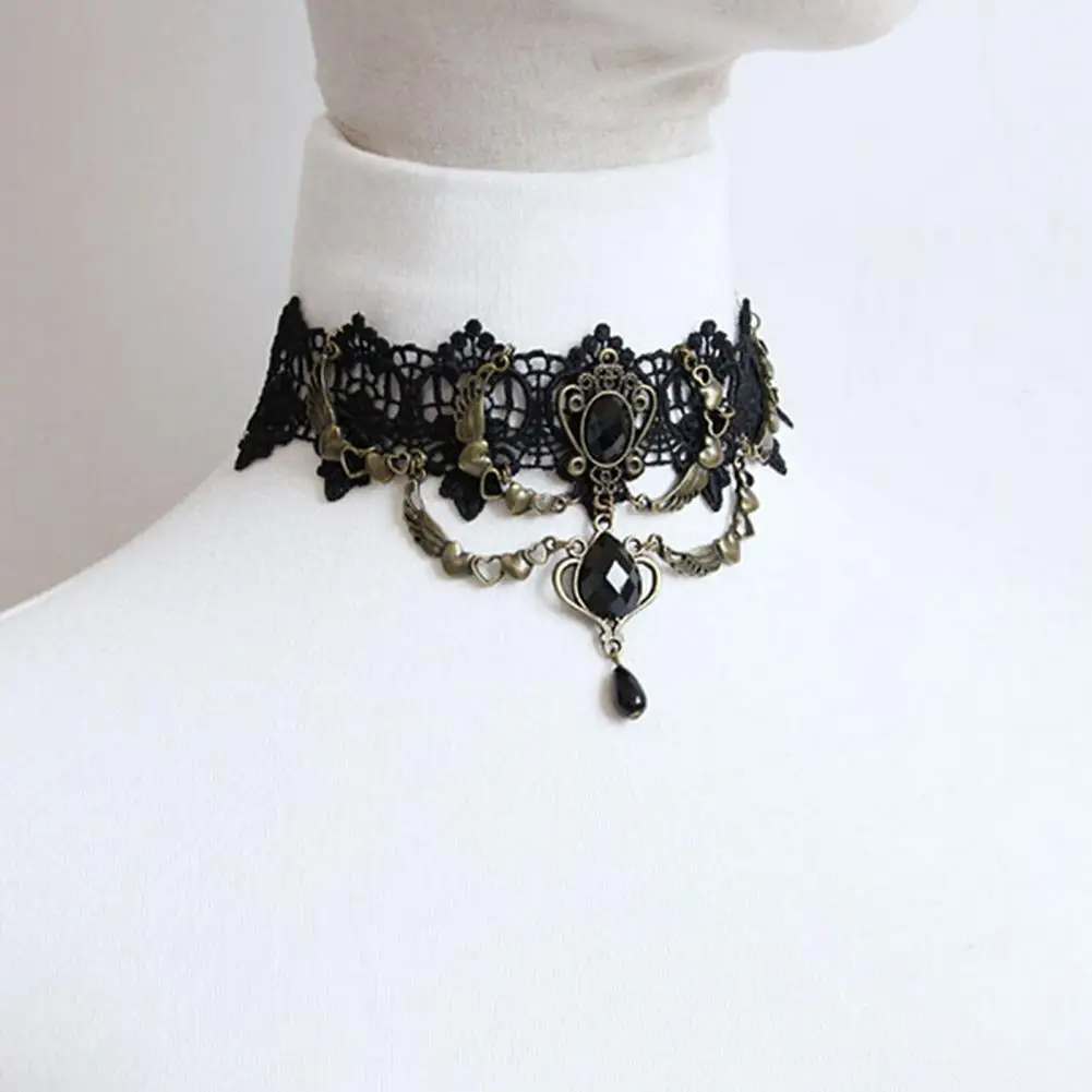 Faux Gem Black Lace Ring Bracelet Women Gothic Punk Style Necklace Bracelet Jewelry For Women Party Dress Up