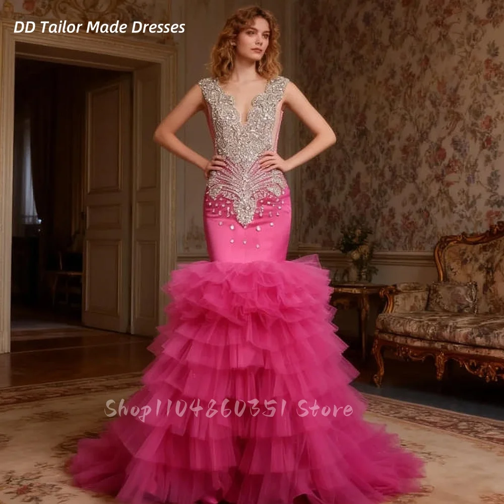 

Luxury Rhinestones Beaded Mermaid Prom Dress Tiered Long Glitter Crystals Evening Gowns Customized Fuchsia Formal Party Dresses