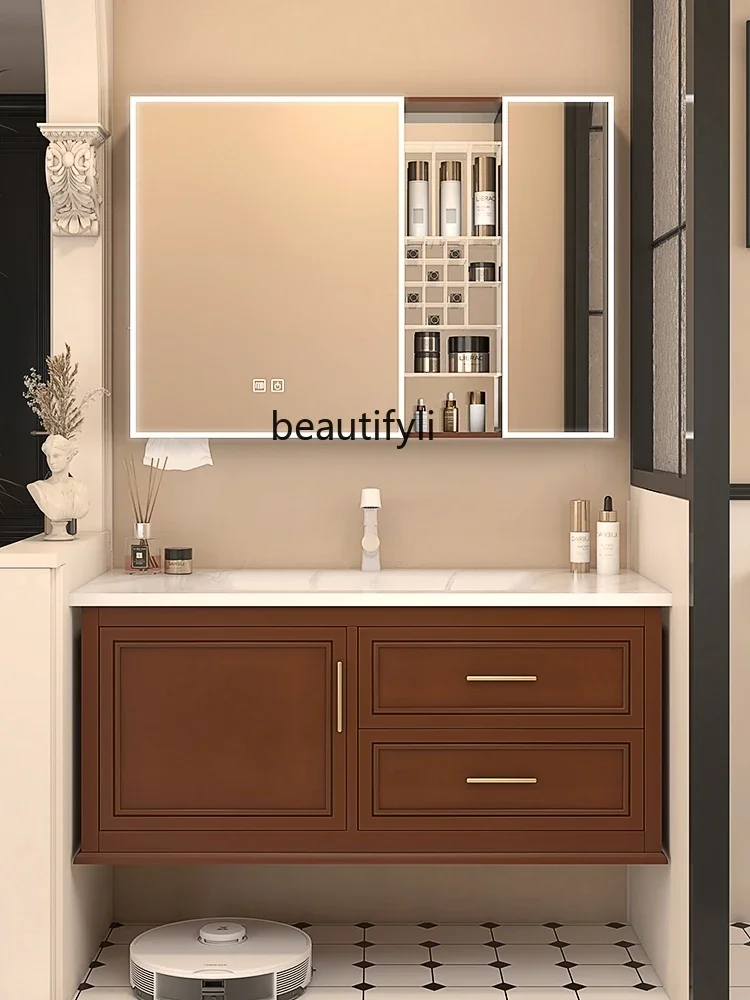 

YH Wind Bathroom Cabinet Combination Stone Plate Washstand Socket Mirror Cabinet French Bathroom Sink