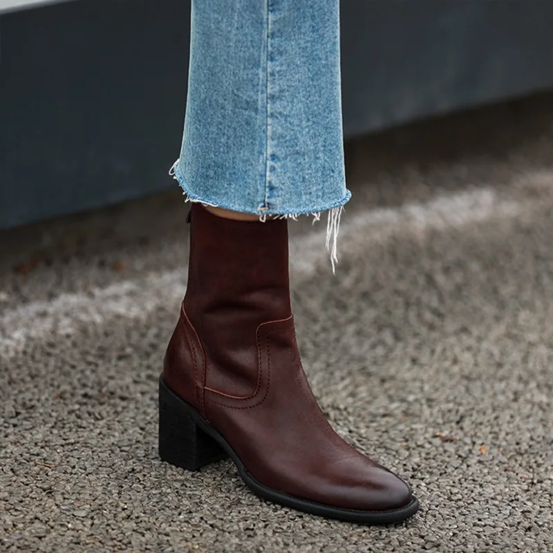 Woman Ankle Boots Round Toe Elegant Winter Boots Soft Cowhide Ladies Warm Shoes Back Zipper Modern Shoes For Autumn Spring