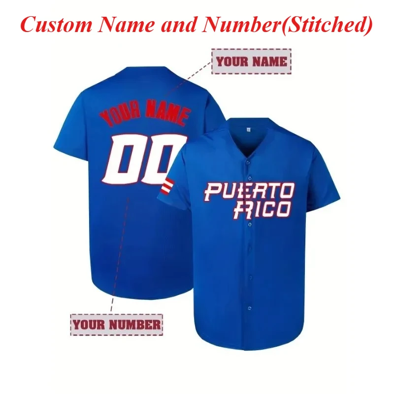 

Customized Name And Number Men's Embroidery Baseball Jersey Blue V-Neck Personalized Short Sleeve Button Down Shirts Puerto Rico
