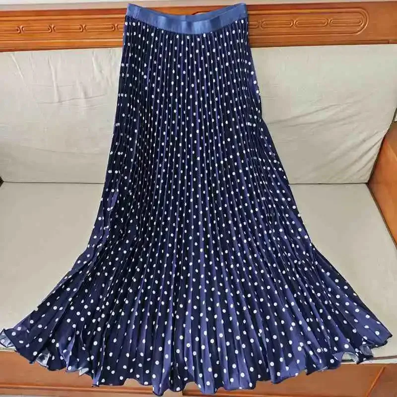Women's Polka Dot Pleated Skirt High Waist A Line Flowy Summer Beach Maxi Skirt