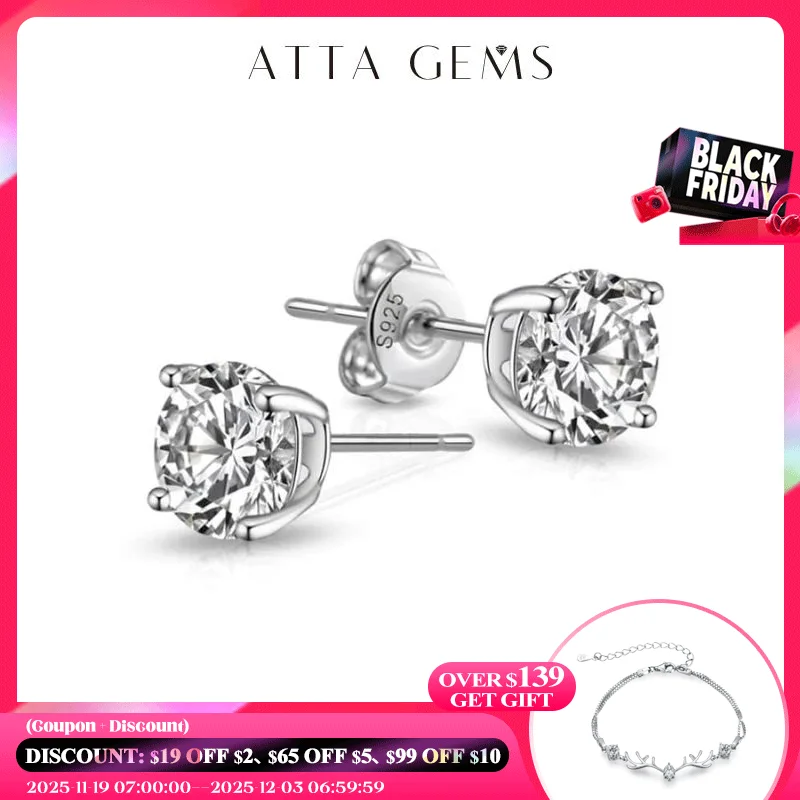 

ATTAGEMS 1 карат 6,5 мм D Цвет Муассанит Серьги-гвоздики для женщин Высочайшее качество Твердое серебро 925 пробы Классические свадебные украшения