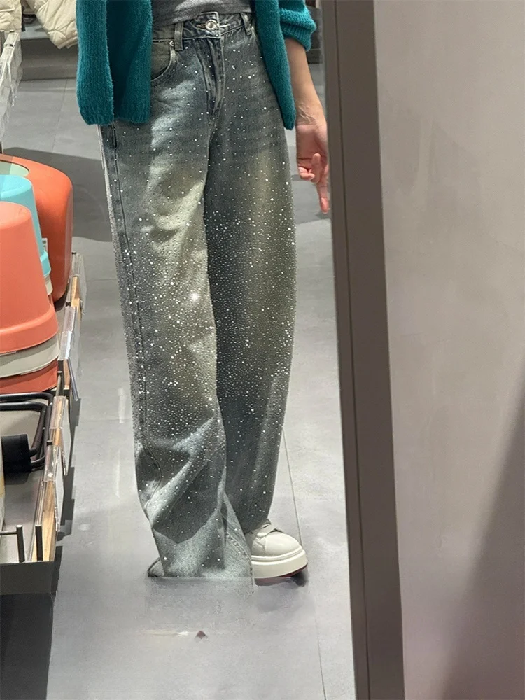 

Блестящие джинсы с эффектом бриллиантов для женщин, летние, в новом стиле, с эффектом потертости, широкие брюки с низкой посадкой, на молнии, однотонные