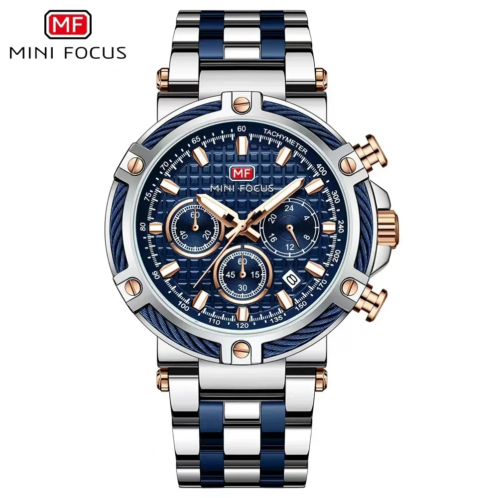 MINIFOCUS Stainless Steel Luxury Sport Chronograph Quartz Luminous WithWatch for Men 24-hour Fashion Men‘s Watches 0470G