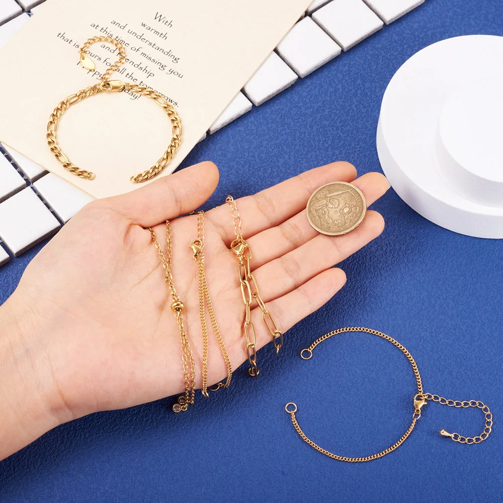 16Pcs 4 Style Adjustable 304 Stainless Steel Chain Link Bracelets Making Charm Slider Chain Jewelry Handmade Findings Gold Color