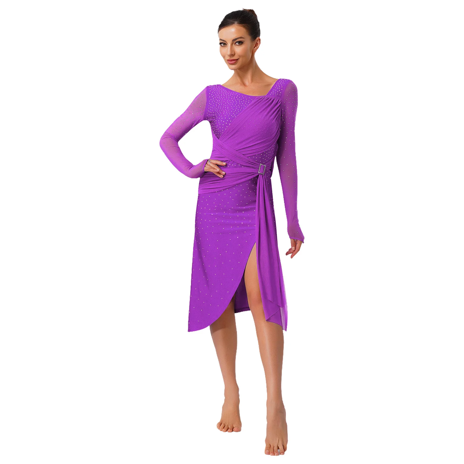 Abito da ballo latino da donna Bachata con strass impreziosito da cintura increspata con paillettes divise Abito latino Ginnastica Sala da ballo moderna Dancewear