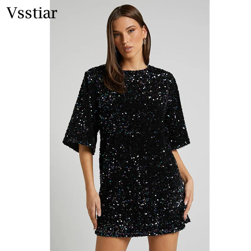 

Vsstiar Elegant Sequins Women's Dress Half Sleeve O Neck Backless Mini Vestidos 2024 Fashion Birthday Party Club Glitter Clothes