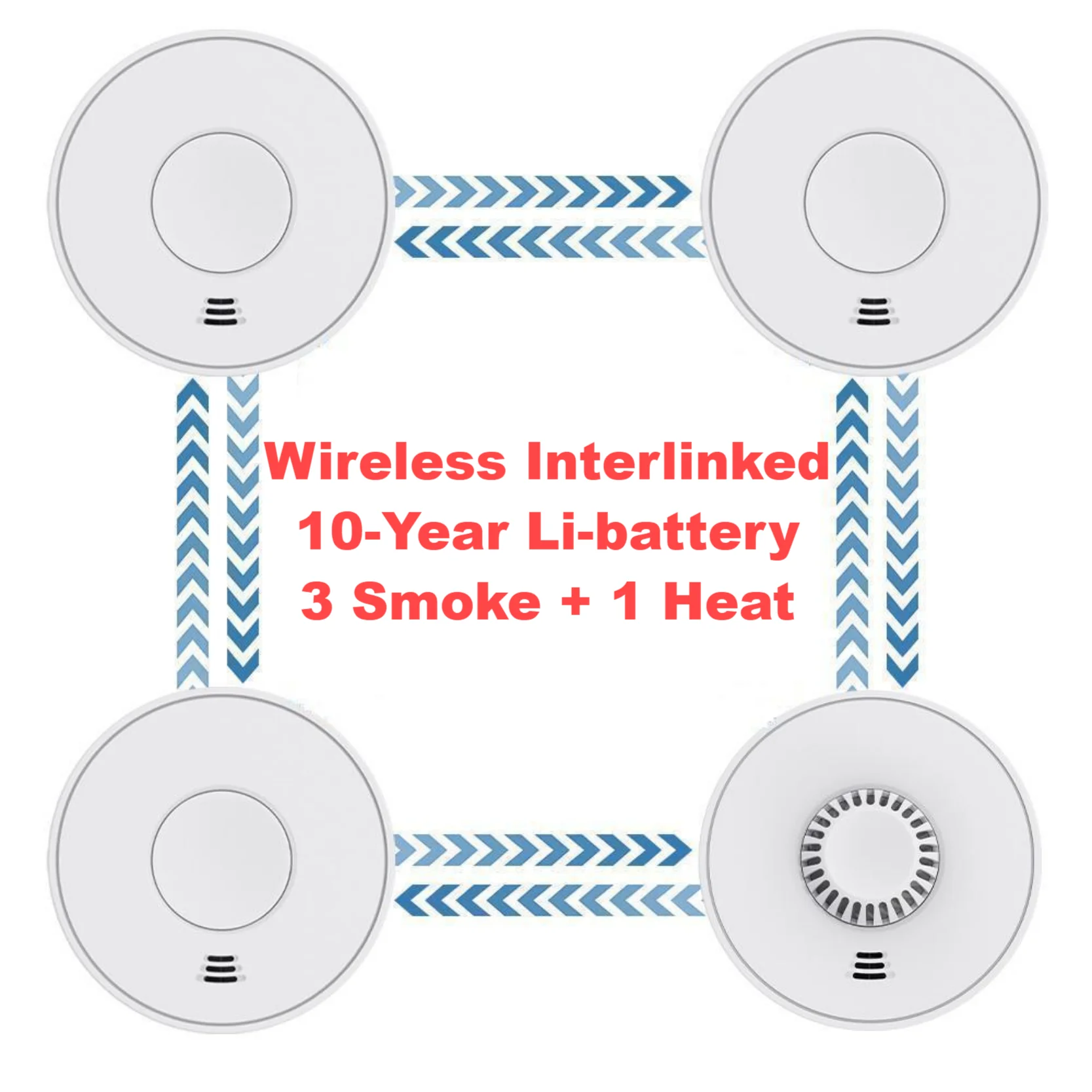 Wireless Interlinked Smoke and Heat Alarm with 10-Year Sealed Li-Battery, Smoke and Heat Alarm for Home, CE, (3 Smoke & 1 Heat) 