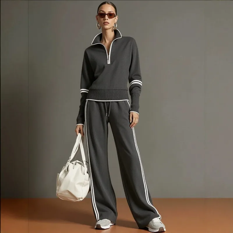 Women's New European American Style High-end Knitted Sports Suit Half Zipper Stand-up Collar Sweater Wide Leg Two-piece Set