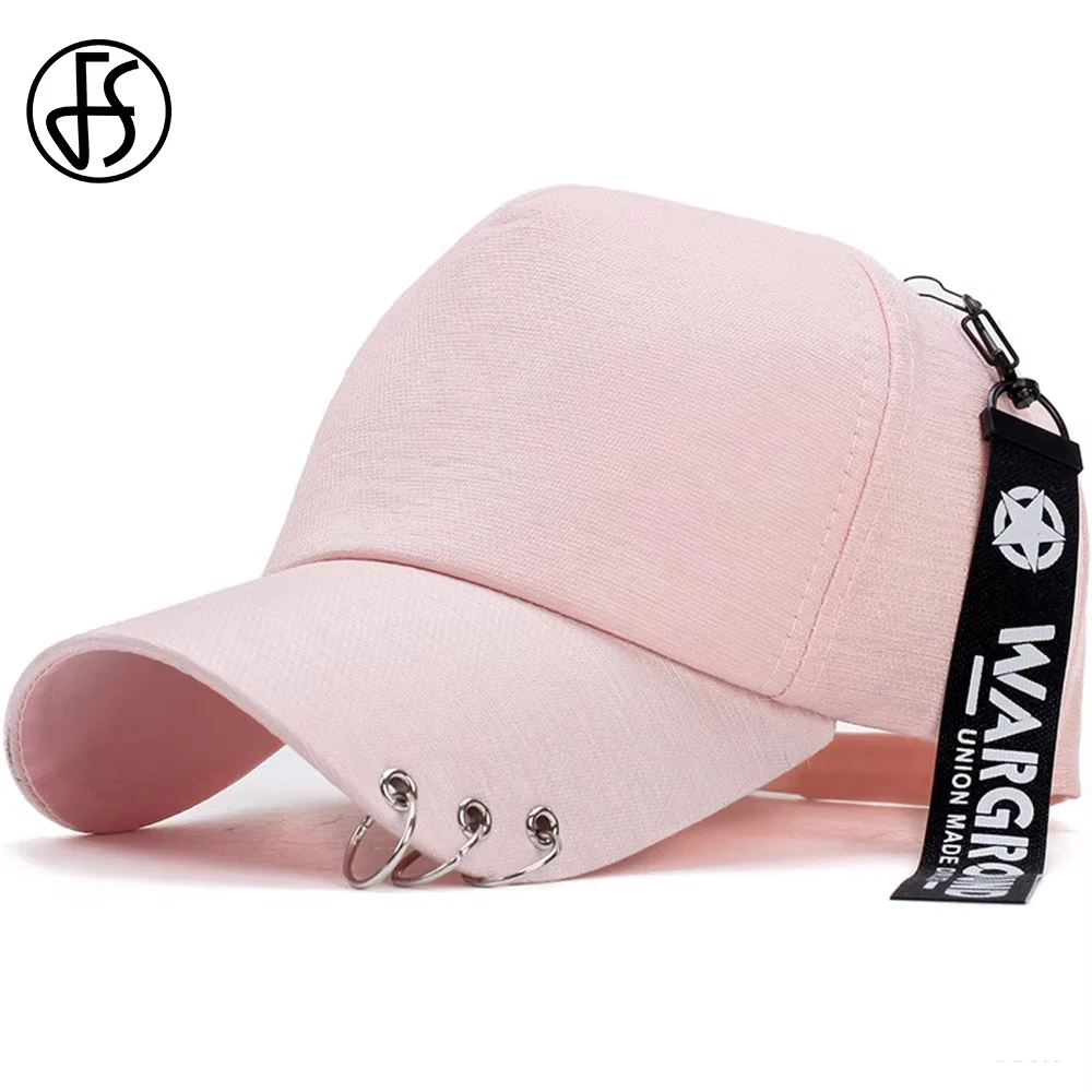 

FS Pink White Korean Hip Hop Iron Ring Baseball Caps For Men Summer Brand Women Cap Streetwear Trucker Hats Bone Masculino 202