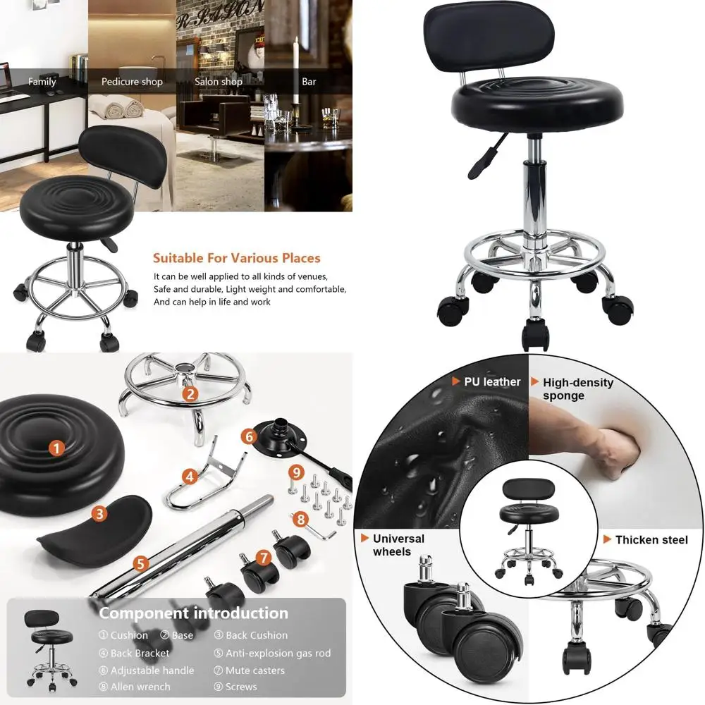

Adjustable Height Swivel Task Chair with Low Back and Rolling Stool, PU Leather (Black)