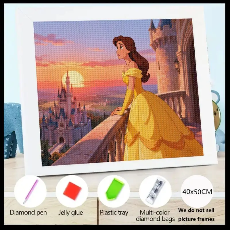 

1PC Disney Princess Belle 5D Full Drill Diamond Painting Kit, Beauty and the Beast Fairytale Castle Sunset DIY Diamond Art, 40x5