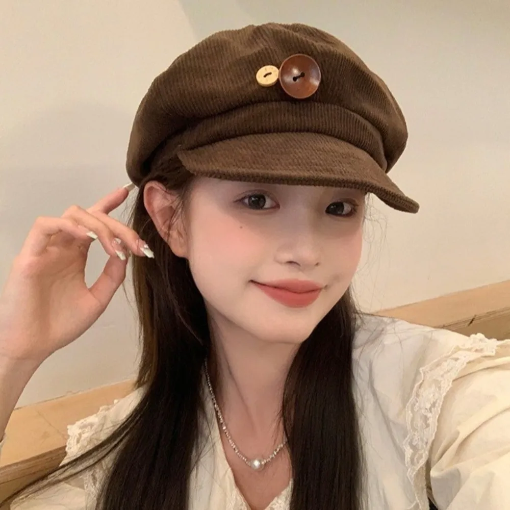 Cappello berretto retrò Y2k con doppio bottone Cappello da pittore Harajuku JK antivento Mantieni caldo cappello ottagonale per ragazze