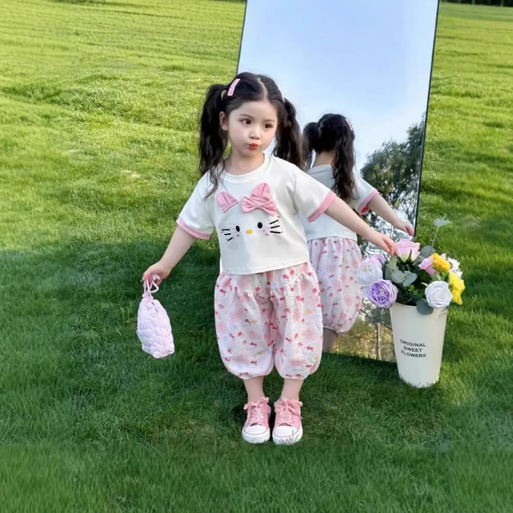 

Sanrio Hello Kitty Girls Short Sleeve Shorts Set Summer Cartoon. Baby Tops Trousers Child Cute T-Shirt Pants Children's Clothing