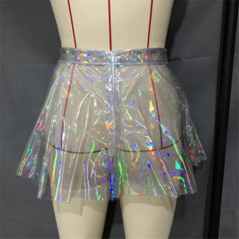 Womens Sexy Transparent Mini Skirt Club Party Shiny Iridescent High Waisted Zipper Back Pleated Flared Skater Skirts