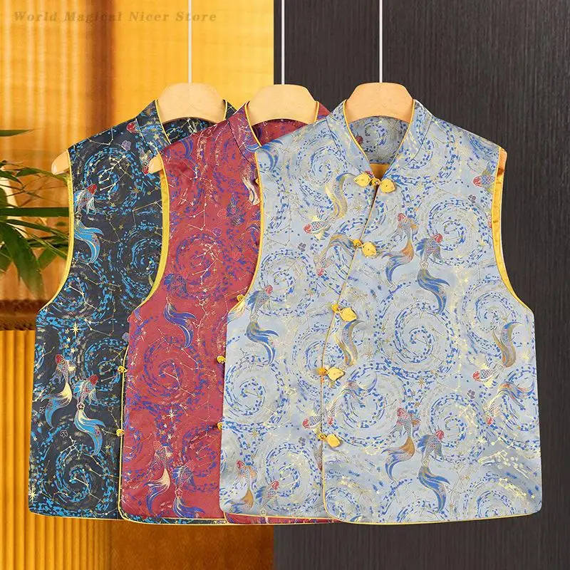 

New Chinese Style Vest Top Women Spring Autumn Tang Clothes Tradition Stand Collar Cheongsam Shirt Print Hanfu Blouse Outwear