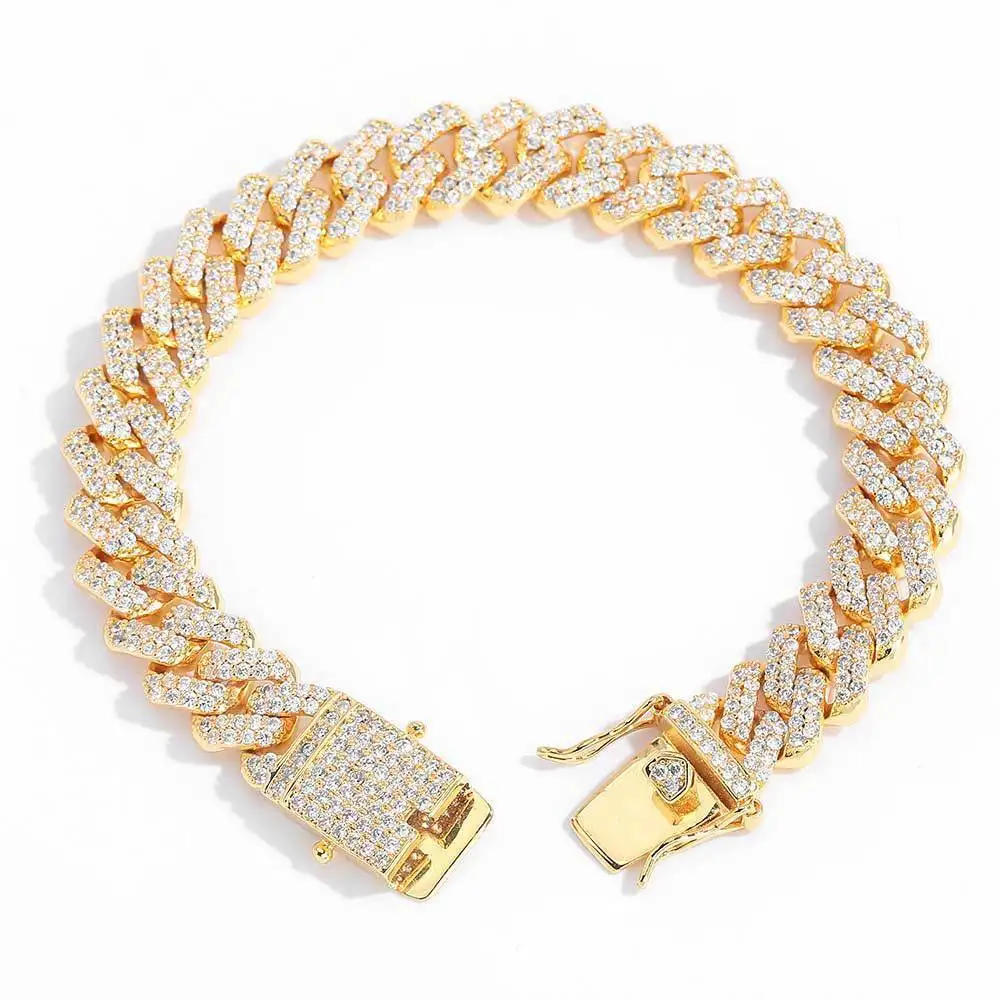 Ables Chic 12mm 18K Gold Tone Copper Hip Hop Bracelet For Men Women Iced CZ Paved Chain