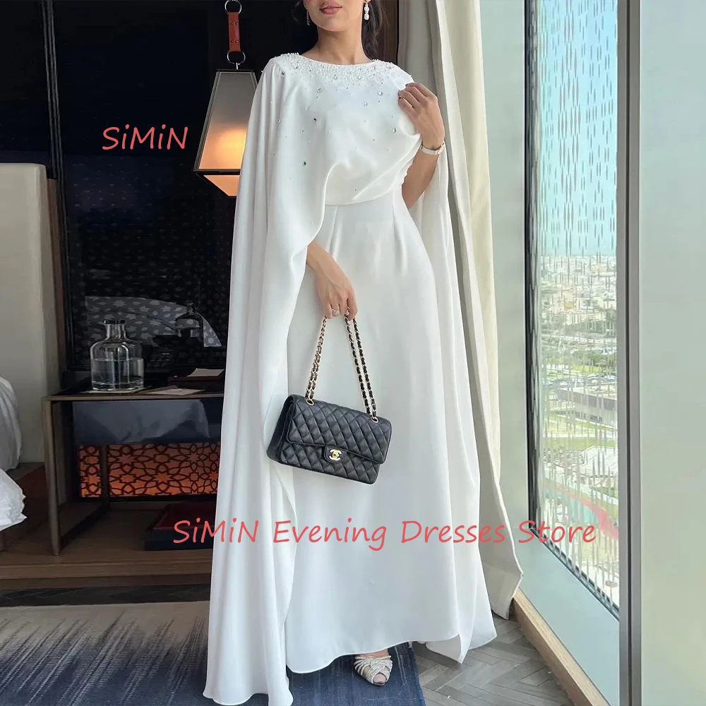 Simin Crepe O-neck Saudi Half sleeves Beaded Ruffle A-Line Prom Simple  Floor-Length Arab Evening Party dresses for women 2024