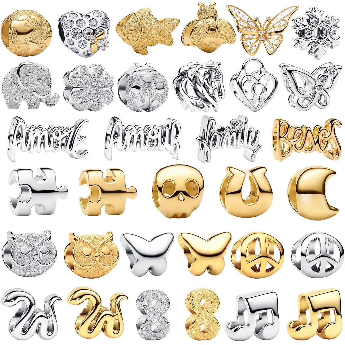 Nouveaux bracelets et colliers en argent sterling 925 doré avec breloques rondes, lune, serpent, cœur, papillon, hibou, perles, bijoux DIY pour femmes, cadeau
