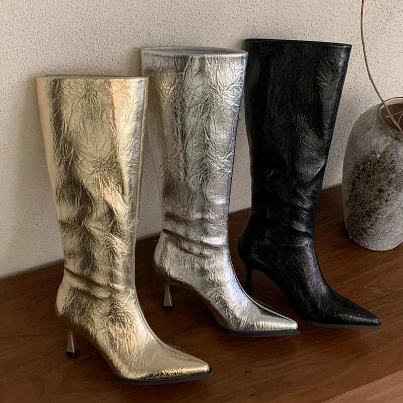 Golden Shoes With Thin Heels Ladies Knee High Modern Boots Footwear Fashion Pointed Toe Women Long Boots Female Slip On Shoes