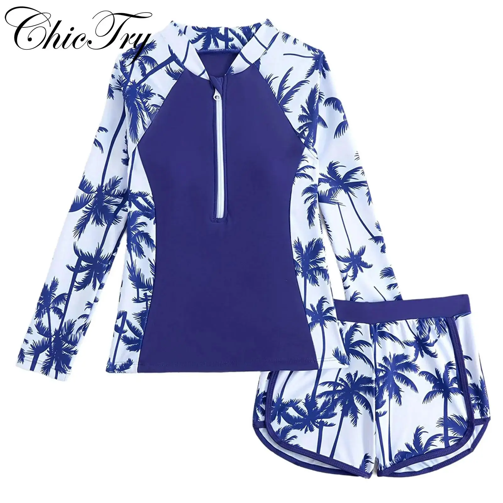 

Kid Girls Swim Sets 2 Pieces Swimsuit Outfits Rashguard Swimwear Leaf Printed Bathing Suits Beachwear Long SleeveTop with Shorts