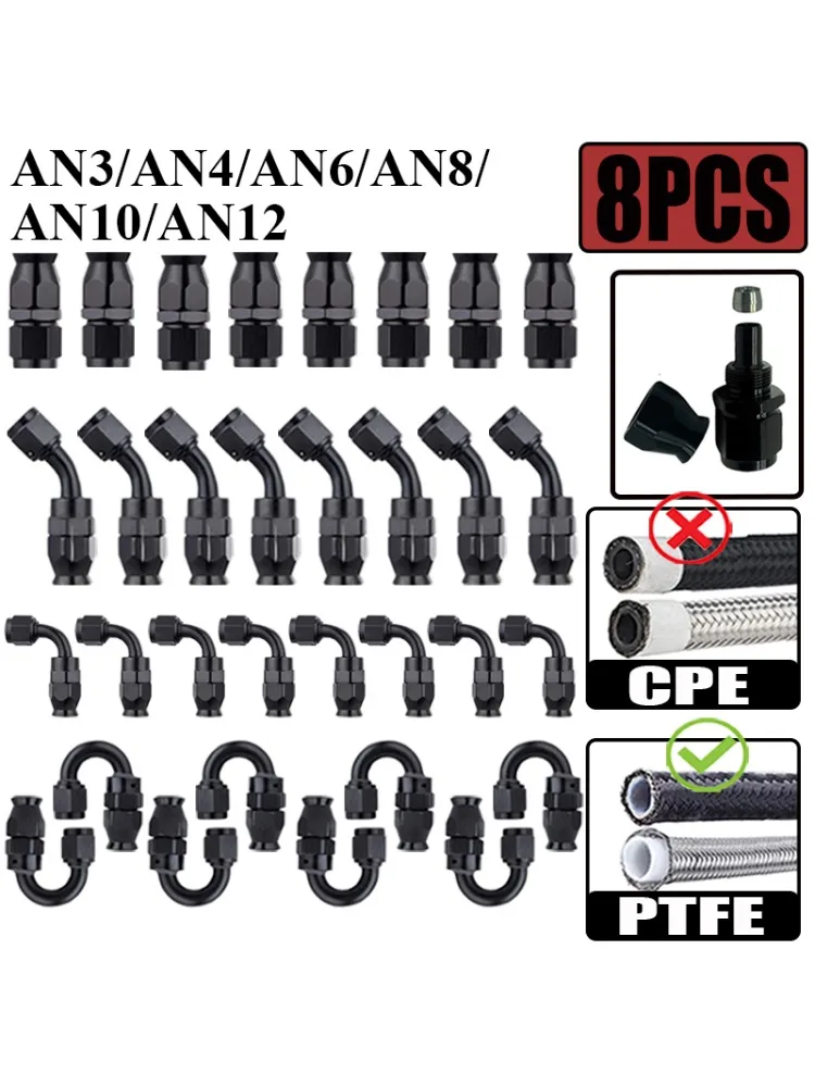 8X 3AN 4AN 6AN 8AN 10AN 12AN Straight 0 45 90 180 Degree Swivel Hose End Fittings Adapter For PTFE E85 Oil Fuel Gas Line Black — zdjęcie 2